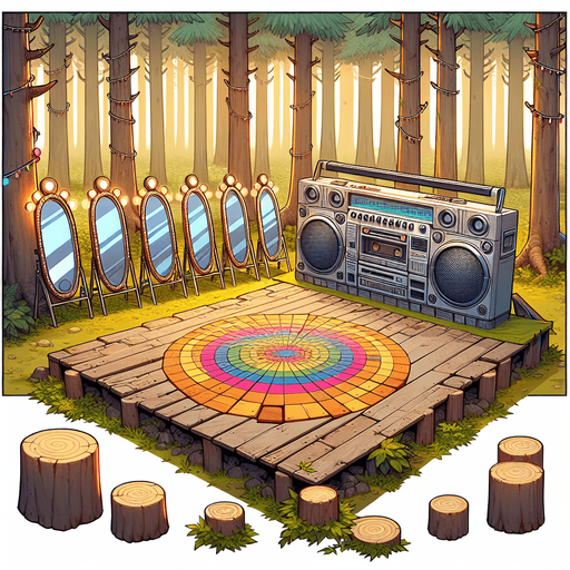 A forest with boombox, dance floor and mirror Single Game Texture. In-Game asset. 2d. Blank background. High contrast. No shadows.