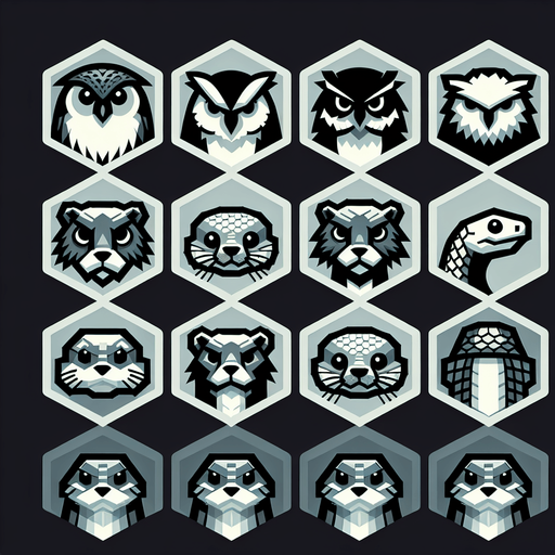 A sprite sheet for game icons featuring an owl, an otter and a snake. Hexagon icons featuring the head of animal. 
Single Game Texture. In-Game asset. 2d. Blank background. High contrast. No shadows.