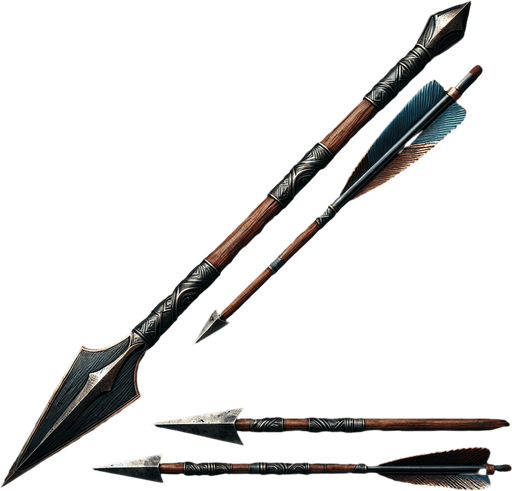 A horizontal handcrafted medieval arrow with a sharp metal tip, sturdy wooden shaft, and feather fletching for stability.
Game asset. Horizontal. Handcrafted look with metallic tip and feather details. High contrast and ready for action.
