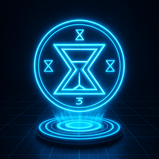 3d hologram neon cyberpunk hourglass symbol magic sigil corporate logo projection flat symmetrical time slowing