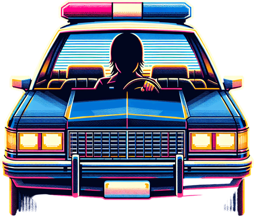 front of a police car with a silouhete of a driver.
video game style