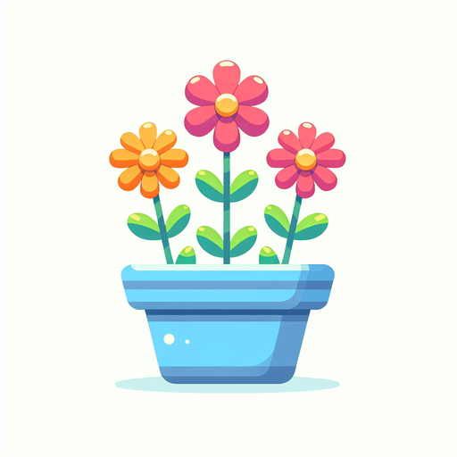 3 nice colored flowers in a single light blue pot..
In-Game asset. 2d. Blank background. High contrast. No shadows. No perspective.