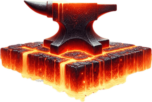 Backdrop: A grand forge surrounded by molten lava and glowing hammers mid-swing.

Colors: Fiery reds and oranges with metallic silver and gray.

Details: Sparks flying and glowing weapon fragments scattered around..
Single Game Texture. In-Game asset. 2d. Blank background. High contrast. No shadows.