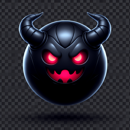 uma bola preta com chifres, e com olhos vermelhos com um sorriso assustador, fundo png.
Single Game Texture. In-Game asset. 3d. Blank background. High contrast. No shadows.