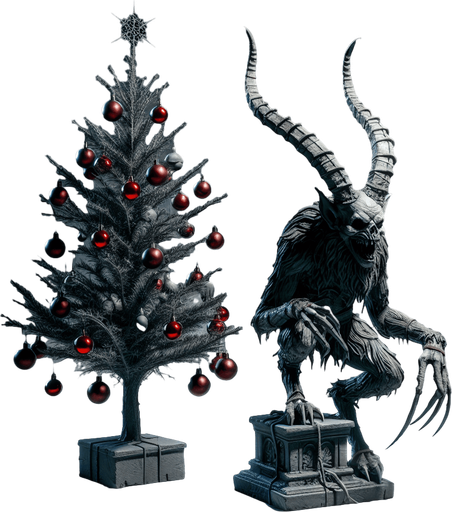 Eerie Christmas-inspired krampus statuette similar to a resident evil asset
Single Game Texture. In-Game asset. 2d. Blank background. High contrast. No shadows.