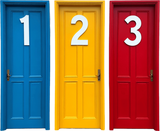 mavi(içinde 1 yazan), sarı(içinde 2 yazan) ve kırmızı(içinde 3 yazan) kapılar