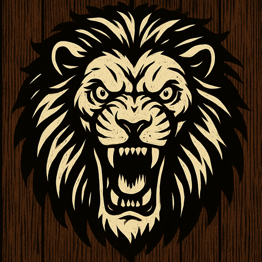A scary lion image with wooden background.
In-Game asset.  2d.  High contrast.  No shadows