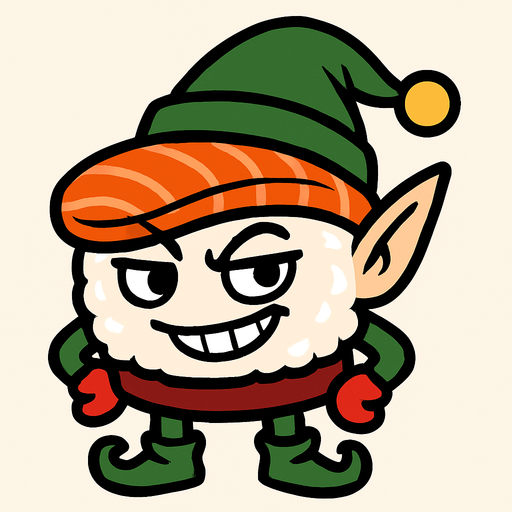 Un sushi con cara traviesa y con aspecto de elfo navideño.
In-Game asset.  2d.  High contrast.  No shadows