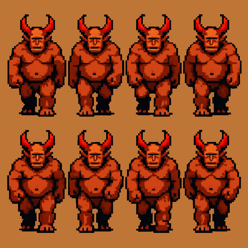 A walking sprite sheet for demonic ogre. Front perspective. Retro PC pixel. 
In-Game asset.  2d.  High contrast.  No shadows