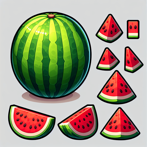 A watermelon and some pieces of watermelon.
Single Game Texture. In-Game asset. 2d. Blank background. High contrast. No shadows.