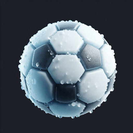 pelota de futbol hecha de hielo.
Single Game Texture.  In-Game asset.  2d.  Blank background.  High contrast.  No shadows
