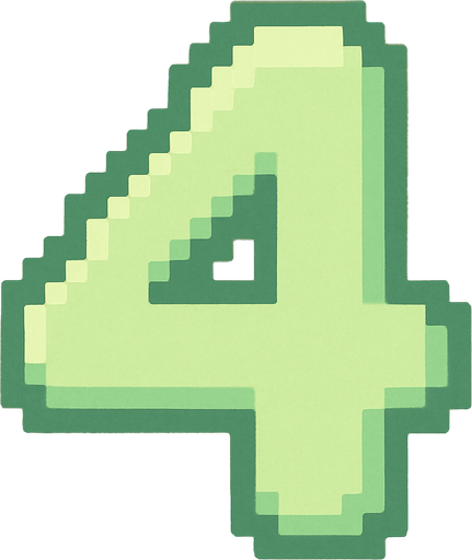 A pixel art number "4" designed for a cozy, cute retro 2D game UI with a bird theme. The number is rendered in soft pastel light green tones to harmonize with the gentle and sweet aesthetic of the game. It has a clean, simple, and rounded pixel style with no harsh edges, fitting perfectly within the pixel art UI style. The number is bold and easily readable at small sizes..
In-Game asset.  2d.  High contrast.  No shadows. pixel art. retro. 2d ui. number. pastel light green. simple. rounded edges. bold. cute. minimal