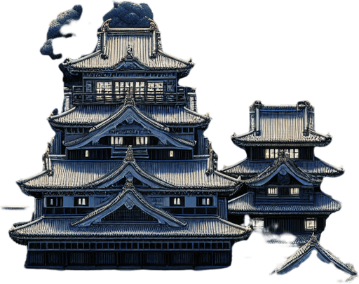 2d image. ancient meiji castle japan at night on full moon.
Single Game Texture.  In-Game asset.  2d.  Blank background.  High contrast.  No shadows. 2d image. full moon night. ancient temple meiji castle. surround of japanese forest