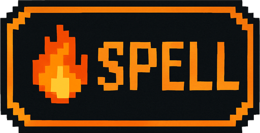 Black button with an orange outline that says "Spell" and has a fire icon, pixel art.
In-Game asset.  2d.  High contrast.  No shadows