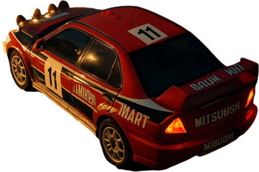Photorealistic Mitsubishi Lancer Evolution Rallycar in nightlight, drone topview from back and 45 degrees angle in top right corner
