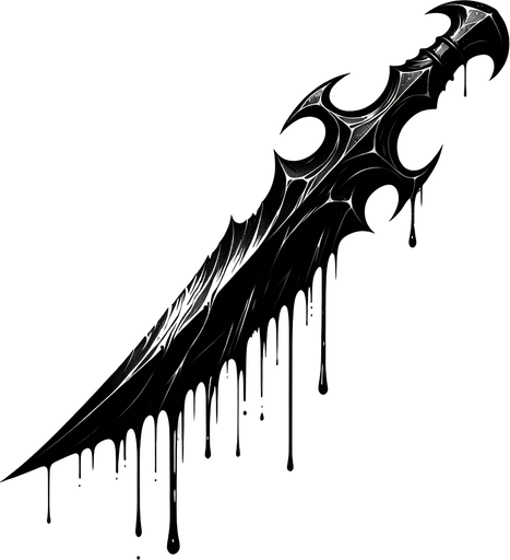 A sharp, wicked-looking dagger or blade edge dripping with black, shadowy substance..
Single Game Texture.  In-Game asset.  2d.  Blank background.  High contrast.  No shadows