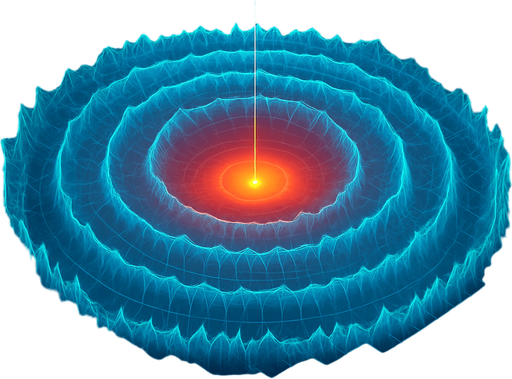 Overhead digital simulation hologram of oceanic meteor impact tsunami wave shockwave radius circle outward crashing neon cyberpunk 3d diagram Translucent projection grid