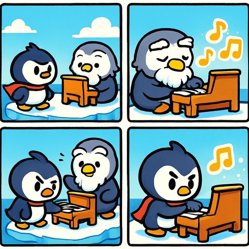 4-panel comic strip, no text, cute cartoon style, bright colors, black outlines.
Characters: Penguin Hero (small, determined) + Penguin Princess (elegant, crown) + Village Penguins
Central Theme: Music connects hearts, piano mastery wins love. Story: Old wise penguin teaches Hero about music and courage

Panel 1: Hero meets old penguin with small piano on ice floe
Panel 2: Old penguin demonstrates simple piano scales, notes are warm/golden
Panel 3: Hero tries playing, makes mistakes but old penguin encourages
Panel 4: Hero practices with determination, musical notes getting brighter.
In-Game asset.  2d.  High contrast.  No shadows