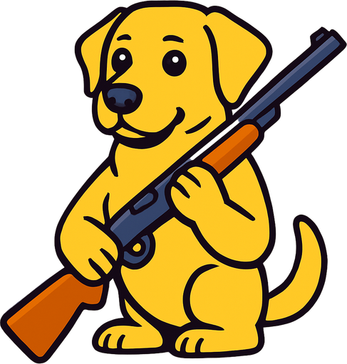 labrador dog hold a hunt gun.
In-Game asset.  2d.  High contrast.  No shadows