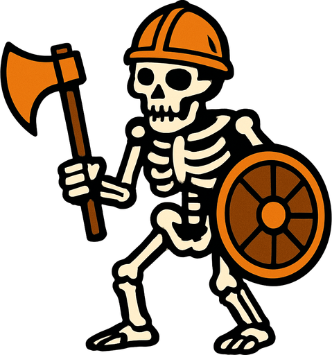 un esqueleto grande, con un hacha, un caso y escudo.
In-Game asset.  2d.  High contrast.  No shadows