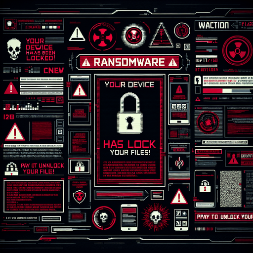 A full-screen background depicting a corrupted device overtaken by a ransomware message. The screen is dominated by a bold, alarming warning message in red and white text, with phrases like 'Your device has been locked!' and 'Pay to unlock your files!' prominently displayed. The background is dark, with digital glitch effects, static noise, and distorted text adding to the sense of corruption. Subtly embedded within the chaotic design is a hidden encrypted code, integrated into the distortion or glitch patterns, making it challenging to notice at first glance. The overall aesthetic is tense, urgent, and visually striking, fitting the theme of a high-tech device under attack..
Single Game Texture. In-Game asset. 2d. Blank background. High contrast. No shadows.