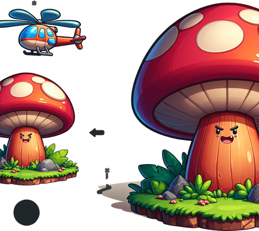 Generate a cartoon-style giant mushroom obstacle for a helicopter game. It should be colorful, exaggerated in size, and fun in appearance, with a thick stem and a big cap. Use soft shadows and vibrant tones..
Single Game Texture.  In-Game asset.  2d.  Blank background.  High contrast.  No shadows
