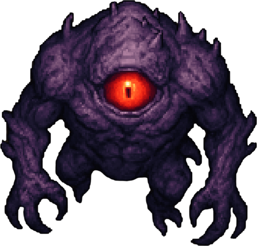 “Top-down 2D pixel art of a massive purple monster with a single glowing red eye. The creature has a deformed, muscular body, rough light purple skin with spikes or scales, and a monstrous, intimidating stance. Its eye is large and central, glowing intensely with a sinister aura. Clawed hands or tentacles may be emerging from its body. Designed as a high-quality game sprite for a dark fantasy or horror-themed pixel art game.”