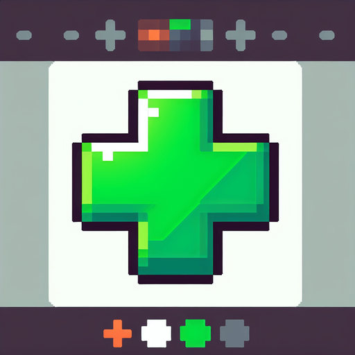 green plus sign
Single Game Texture. In-Game asset. 2d. Blank background. High contrast. No shadows. pixel. 8 bit