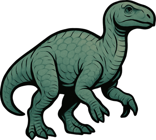 A medium-sized Iguanodon dinosaur with smooth greenish-gray scales covering its bulky body. It has a distinctive thumb spike on its front limbs. The head is elongated with gentle eyes and a blunt snout. The skin texture is rough with visible scales and wrinkles..
In-Game asset.  2d.  High contrast.  No shadows