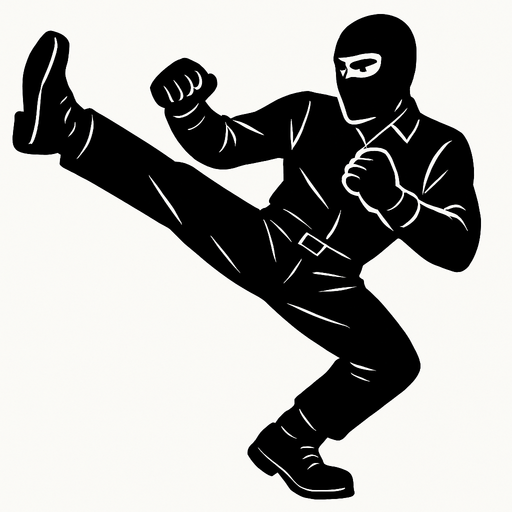 hombre con camisa negra de manga larga, pantalones negros, botas negras y guantes negros y un pasamontañas negro dando una patada de artes marciales
In-Game asset.  2d.  High contrast.  No shadows