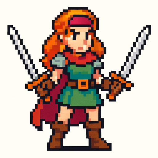 swords girl hero, standing, pixel art, no backgroun.
In-Game asset.  2d.  High contrast.  No shadows