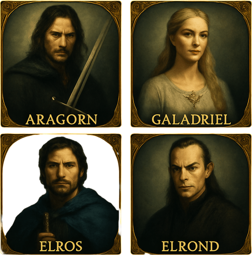 Aynı formatta 4lü kart yap. Aragorn, Galadriel, Elros, Elrond olsun