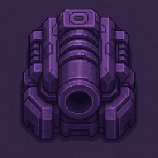 top down sci-fi fat barrel cannon with ridges, purple metal, pixel art