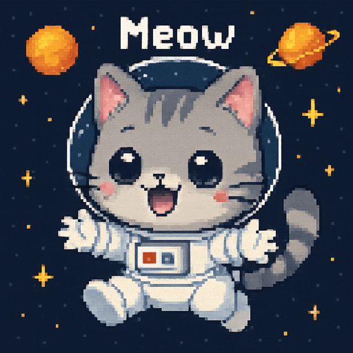 A cute gray kitten, drawn in an adorable chibi anime style and wearing an astronaut suit, floats in outer space with its little paws outstretched as if reaching out for a hug. It meows sweetly, and the entire scene is illustrated in charming Pixel Art style.