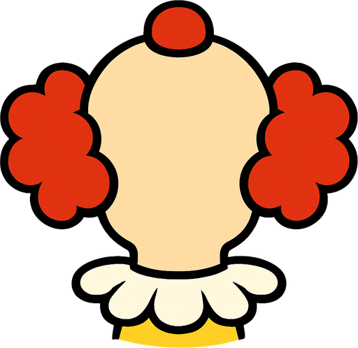 bir palyanço kafasının arka üsten görünümü çizgi film stili.
In-Game asset.  2d.  High contrast.  No shadows