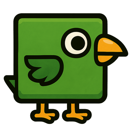 Square shaped green bird facing to the right.
In-Game asset.  2d.  High contrast.  No shadows