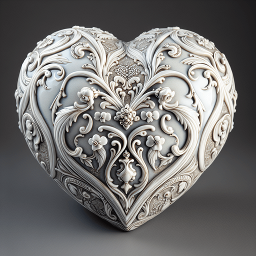 Big precious shiny porcelain heart slightly ornate. face view.