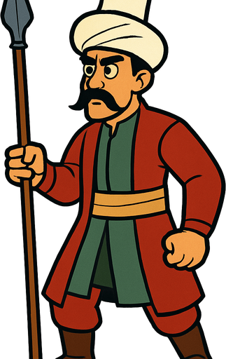 Animasyon çizgi dizi tarzında bir Osmanlı mızrakçısı.
In-Game asset.  2d.  High contrast.  No shadows