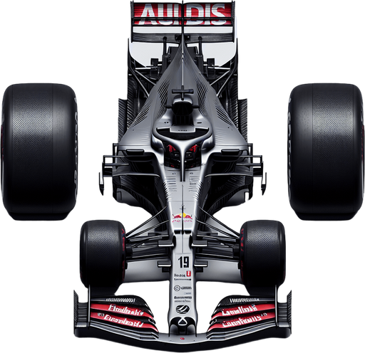 F1 race car. Top view. Grey body with THICK diagonal black stripes. Shiny-red wings with white AUDID text.
Single Game Texture. In-Game asset. 2d. Blank background. High contrast. No shadows.