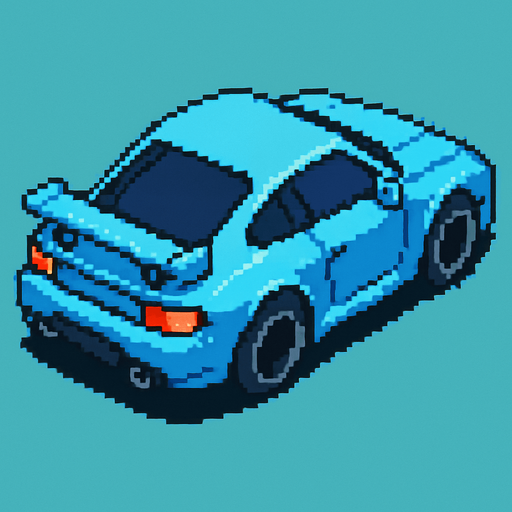 auto celeste deportivo con perspectiva desde arriba y trasera hecho con pixeles.
In-Game asset.  2d.  High contrast.  No shadows