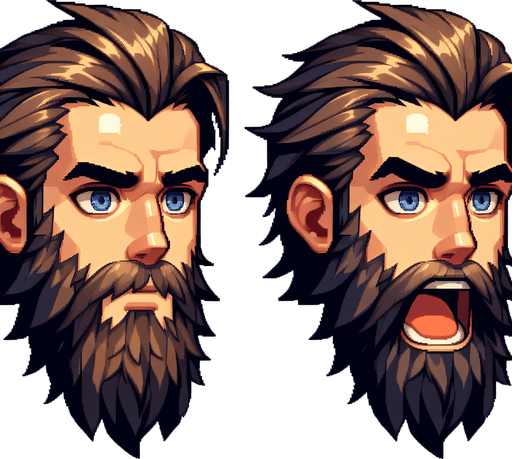 бородатый парень и он же с открытым ртом.
Single Game Texture. In-Game asset. 2d. Blank background. High contrast. No shadows.