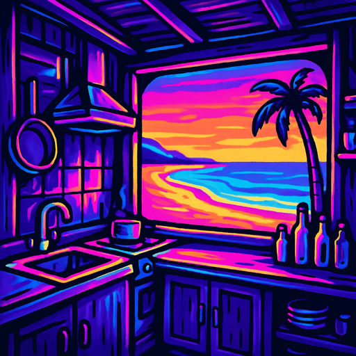 Inside the kitchen of a small wooden shack restaurant, looking out over the counter onto a beach view with long gradual gradients. No people inside or on the beach.
