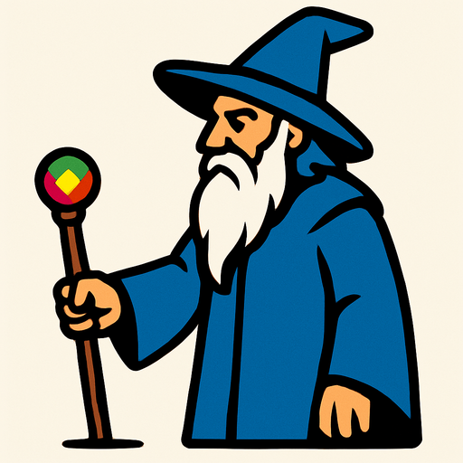 A wizard with a blue dress (like a coat) holding a stick touching the ground and a colored stone on the end of the stick, a wizard with a white beard and a hat on his head, and his whole body and right arm should not be visible from the frame (screen).
In-Game asset.  2d.  High contrast.  No shadows