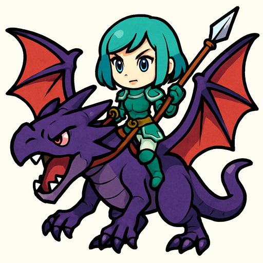 Una jinete de wyvern en estilo chibi/cuerpo completo. El wyvern es grande y de color morado, con alas extendidas y expresión fiera. La jinete es una joven guerrera con armadura ligera de torso en color verde con detalles aqua, con hombreras y guantes. Lleva pantalones blancos y botas verdes altas. Su cabello es corto estilo bob, de color aqua, y tiene ojos azules brillantes. Montada sobre el wyvern, sostiene con una mano las riendas y con la otra una lanza larga..
In-Game asset.  2d.  High contrast.  No shadows