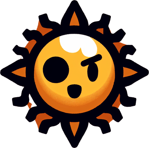 bright sun with wincing cartoon face and a black eye.
Single Game Texture.  In-Game asset.  2d.  Blank background.  High contrast.  No shadows