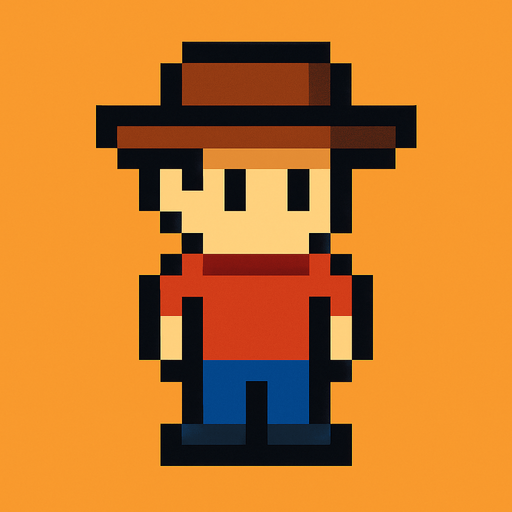 character with a hat, 2d, pixel,.
2d.  High contrast.  No shadows