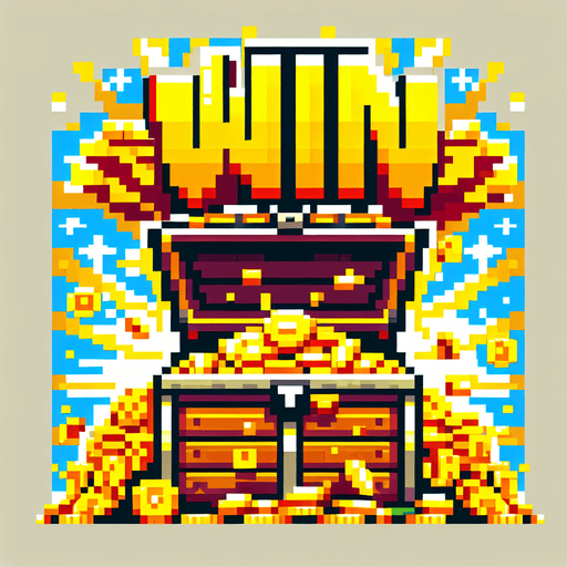 simple golden text saying "WIN". text is bursting out of the treasure chest with golden coins bursting behind the text. pirate themed banner. pixelated. 8 bit..
Single Game Texture. In-Game asset. 2d. Blank background. High contrast. No shadows.