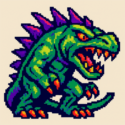 90'lardaki retro oyun dinazoru. vahşi olsun. diğer canavarlarda gibi olmayan renk olsun
In-Game asset.  2d.  High contrast.  No shadows