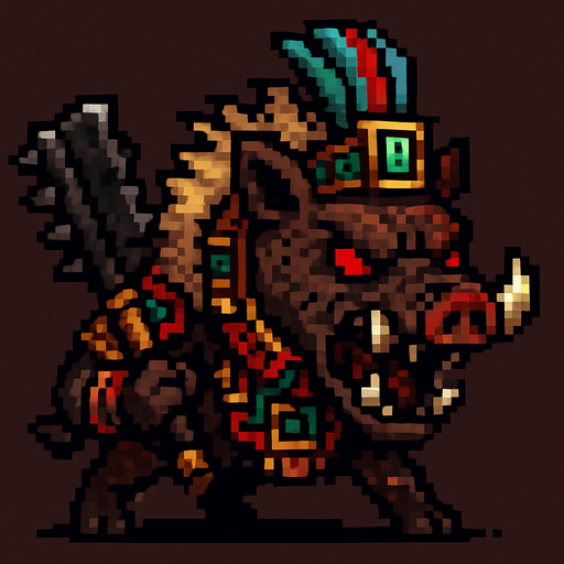 Genérame una Pecari de collar guerrero azteca con eso patrones, estilo pixelar, con una apariencia maligna, ojos rojos, rabioso. Unidad cuerpo a cuerpo.
In-Game asset.  2d.  High contrast.  No shadows