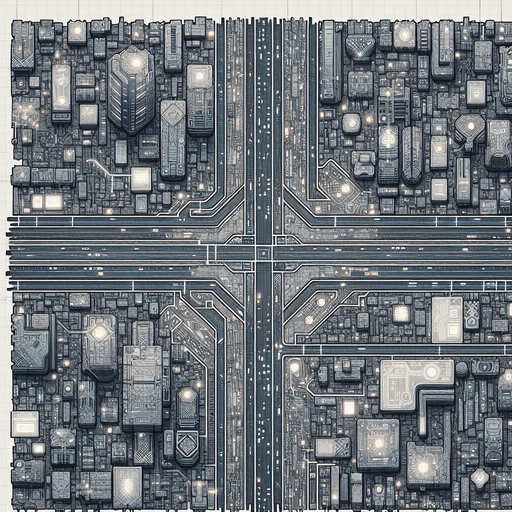 Cyberpunk city tile set. Top down view..
Single Game Texture.  2d.  Blank background.  High contrast.  No shadows